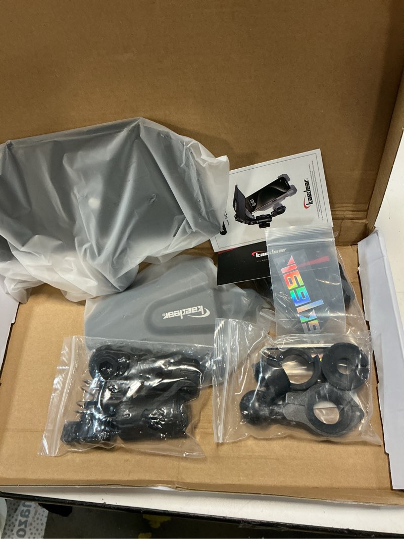 Condition photo showing As Is for kaedear motorcycle phone mount sun visor, universal gps & smartphone shade, vertical & horizontal visors included, handlebar mount, easy adjustment, heat & rain protection, kdr-v2