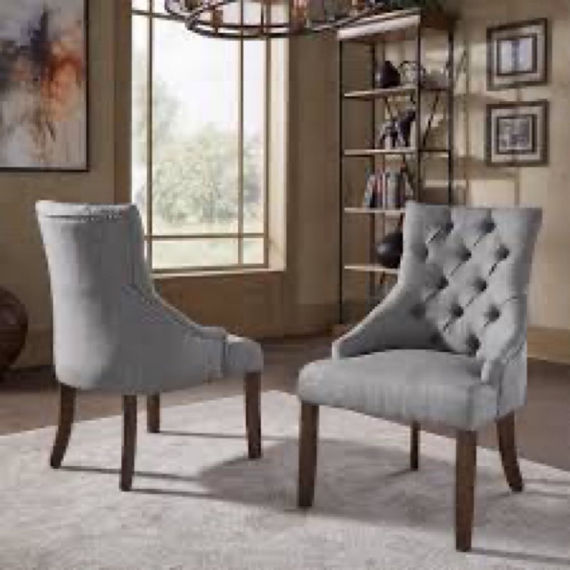 Dining chairs (set of 2) linen fabric upholstery tufted back, for kitchen room. modern,contemporary design .walnut solid rubber wood leg, "S" sring suspension.
