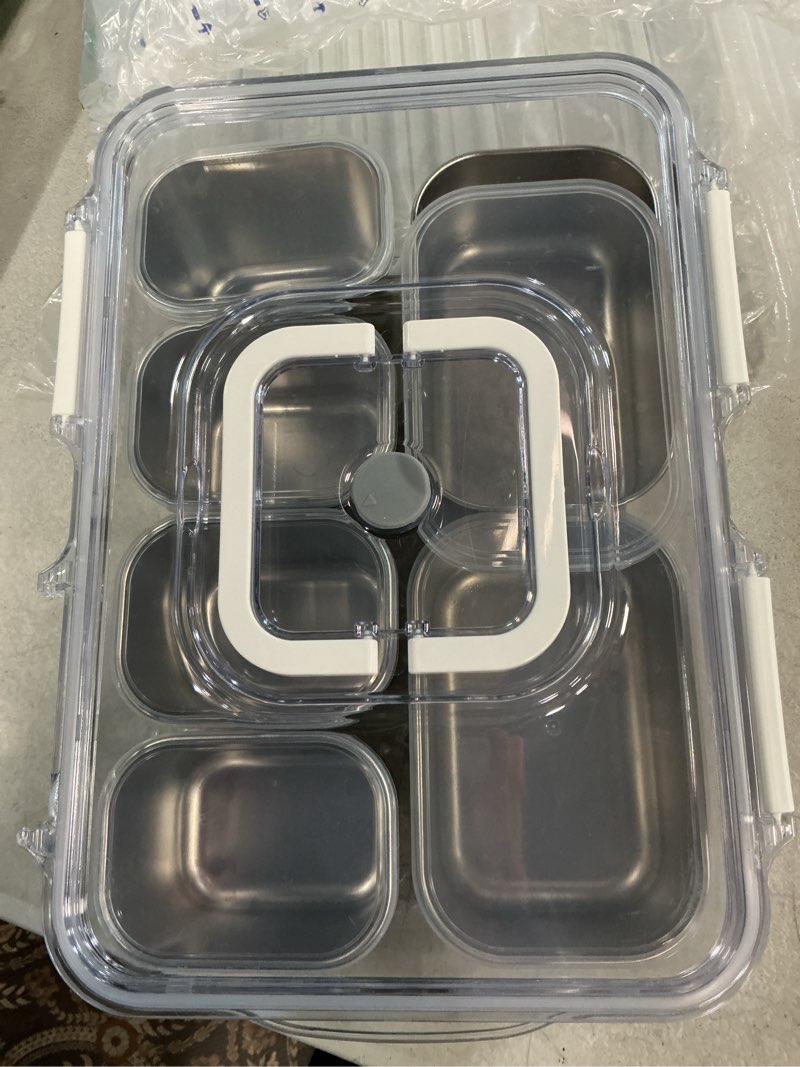 Condition photo showing Good Condition for snackle box container, 6-compartment stainless steel tray with lid & handle, portable divided serving platter for fruit, veggie, candy - perfect for travel, party, beach