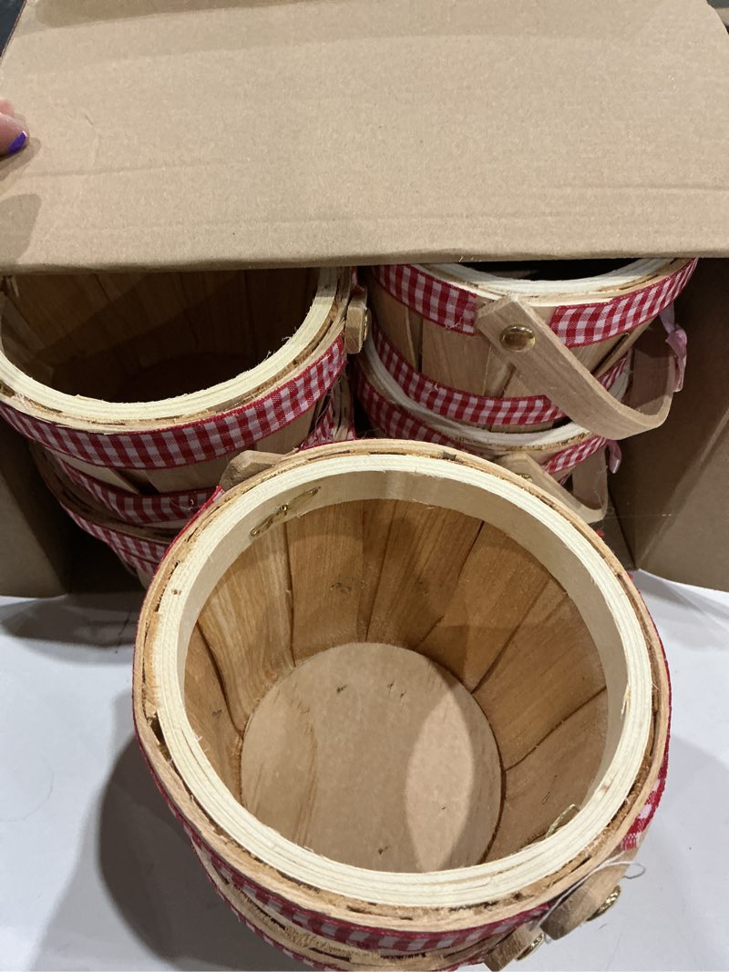 Condition photo showing Good Condition for geelin 12 pcs mini wooden berry baskets bulk 4.72 x 3.94 inch red plaid decorative easter gift baskets empty with handle for easter egg hunt spring picnic picking fruit apple strawberry flower