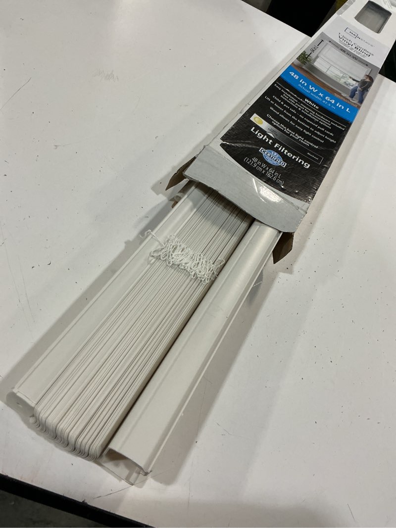 Condition photo showing As Is for mainstays cordless 1" vinyl light filtering blinds, white, 48" width x 64" length