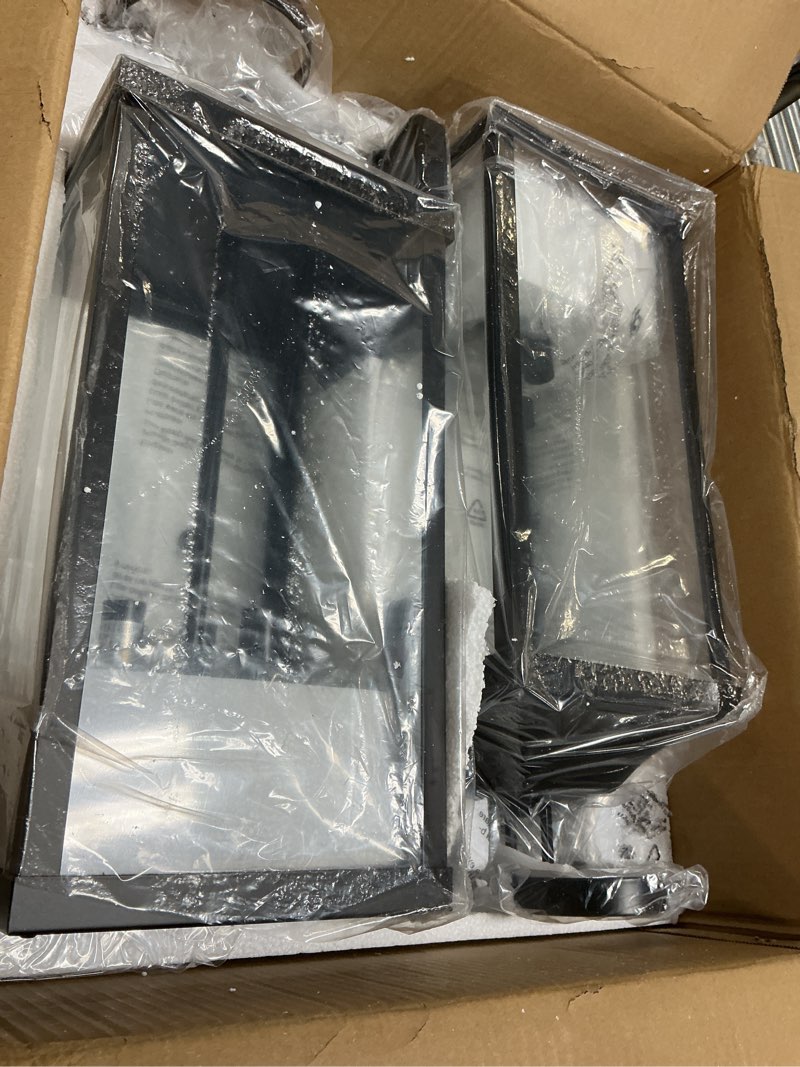 Condition photo showing Good Condition for 2 packs 24" extra large dusk to dawn light fixture 3-light, black outdoor porch lantern wall mounted, waterproof modern outside wall sconce coach lamp for house, e12