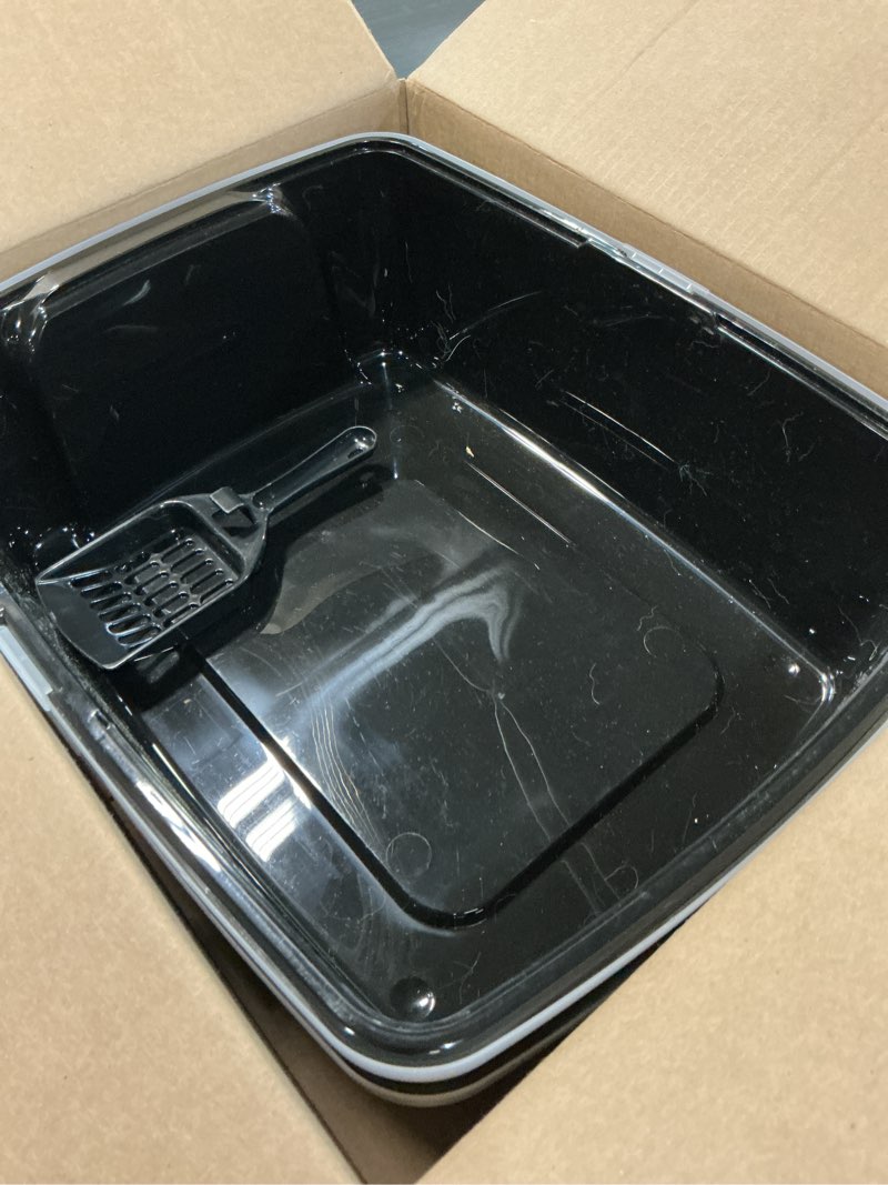 Condition photo showing As Is for iris usa cat litter box large open top with high sided walls tall scatter shield scoop included easy clean plastic pan stain resistant for cats kittens indoor multi-cat households 2-pack black black open top - 2 pack