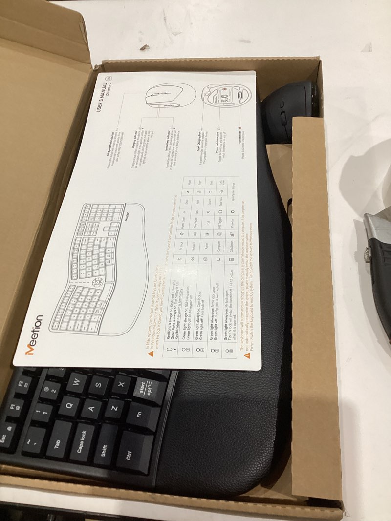 Condition photo showing Good Condition for MEETION Ergonomic Keyboard and Mouse, Wireless Keyboard with Vertical Mouse, Split Curved Keyboard with Wrist Rest, Natural Typing USB Receiver Rechargeable Full Size, Windows/Mac/PC/Laptop, Large