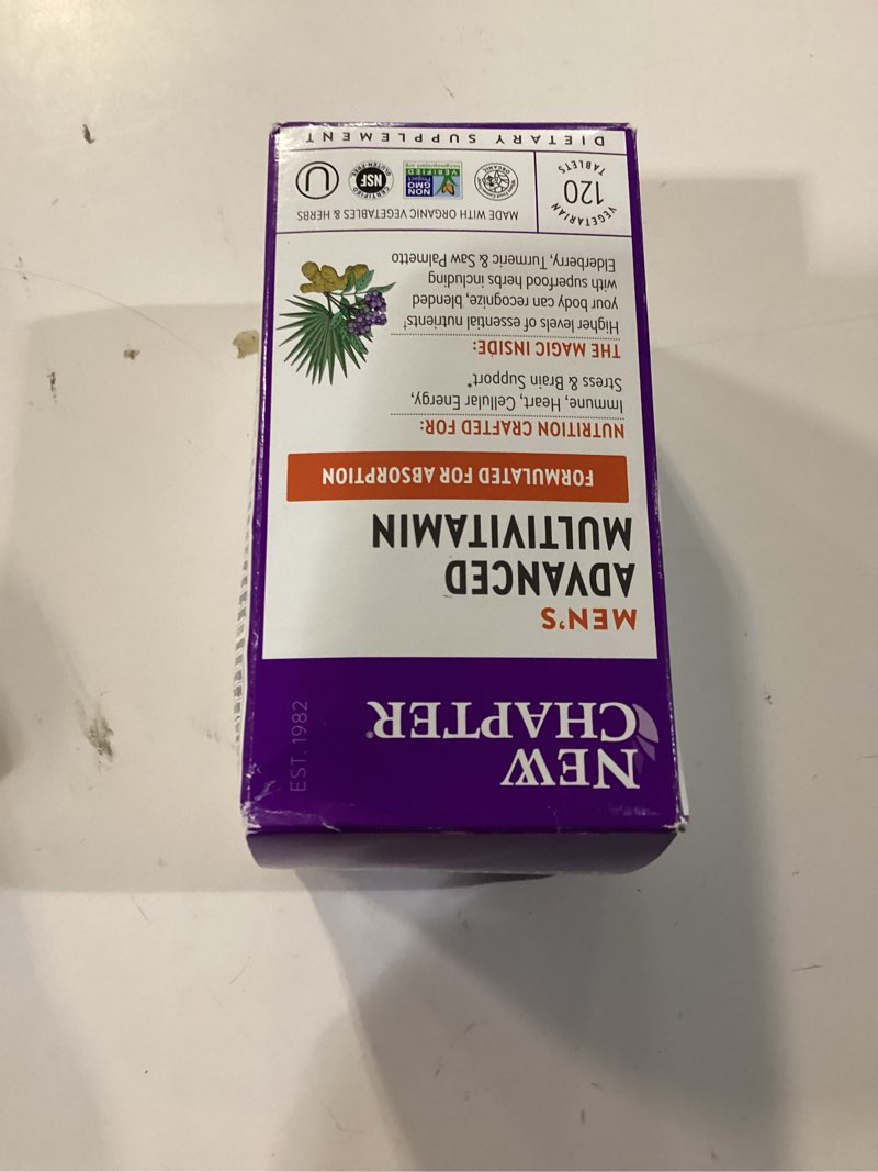 Condition photo showing New/Like New for new chapter men's multivitamin advanced formula for stress, brain, immune, heart & energy support, higher levels of whole-food fermented essential nutrients for men + selenium + b vitamins, 120 ct 120 count (pack of 1)