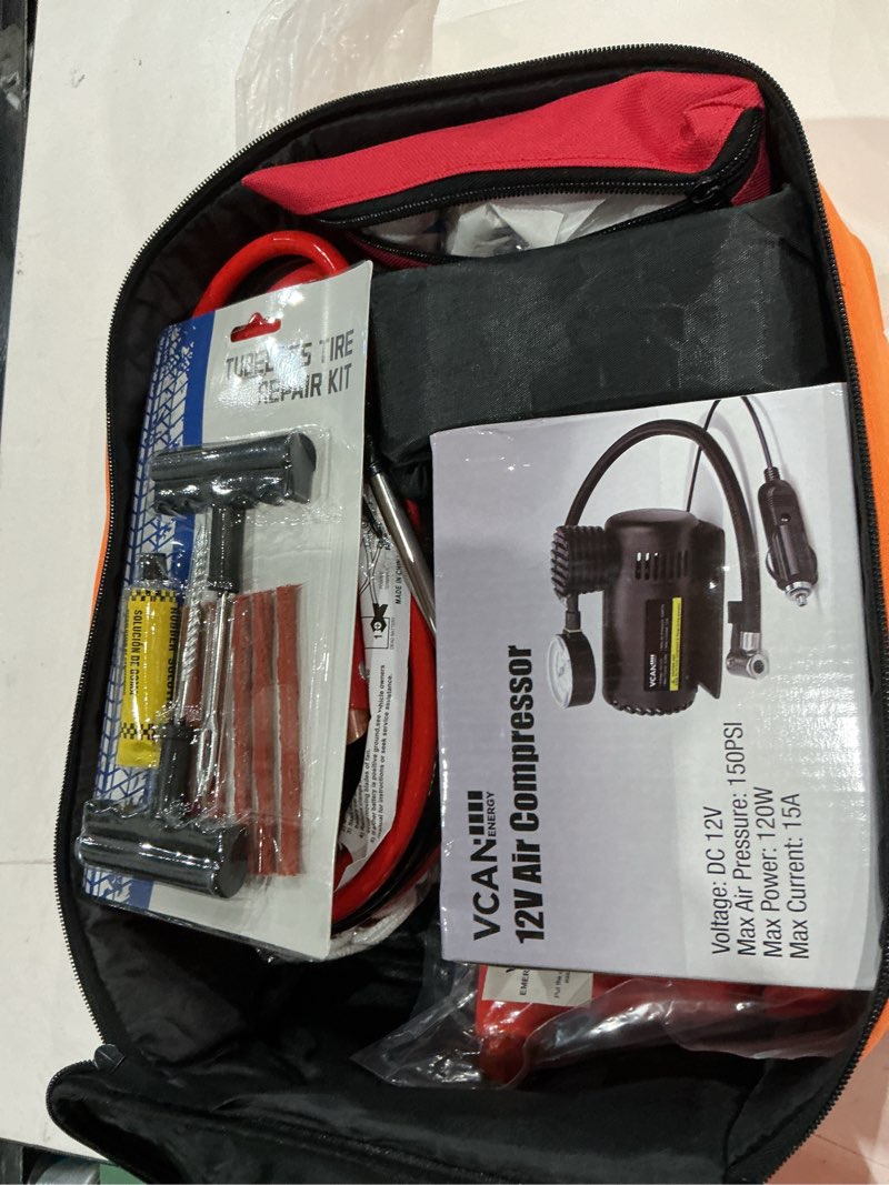 Condition photo showing Good Condition for car emergency safety kit bag with portable air compressor, jumper cables,first aid kit, tire pressure gauge, auto vehicle safety road side assistance kits essentials,for women, men, teen ultimate roadside kit