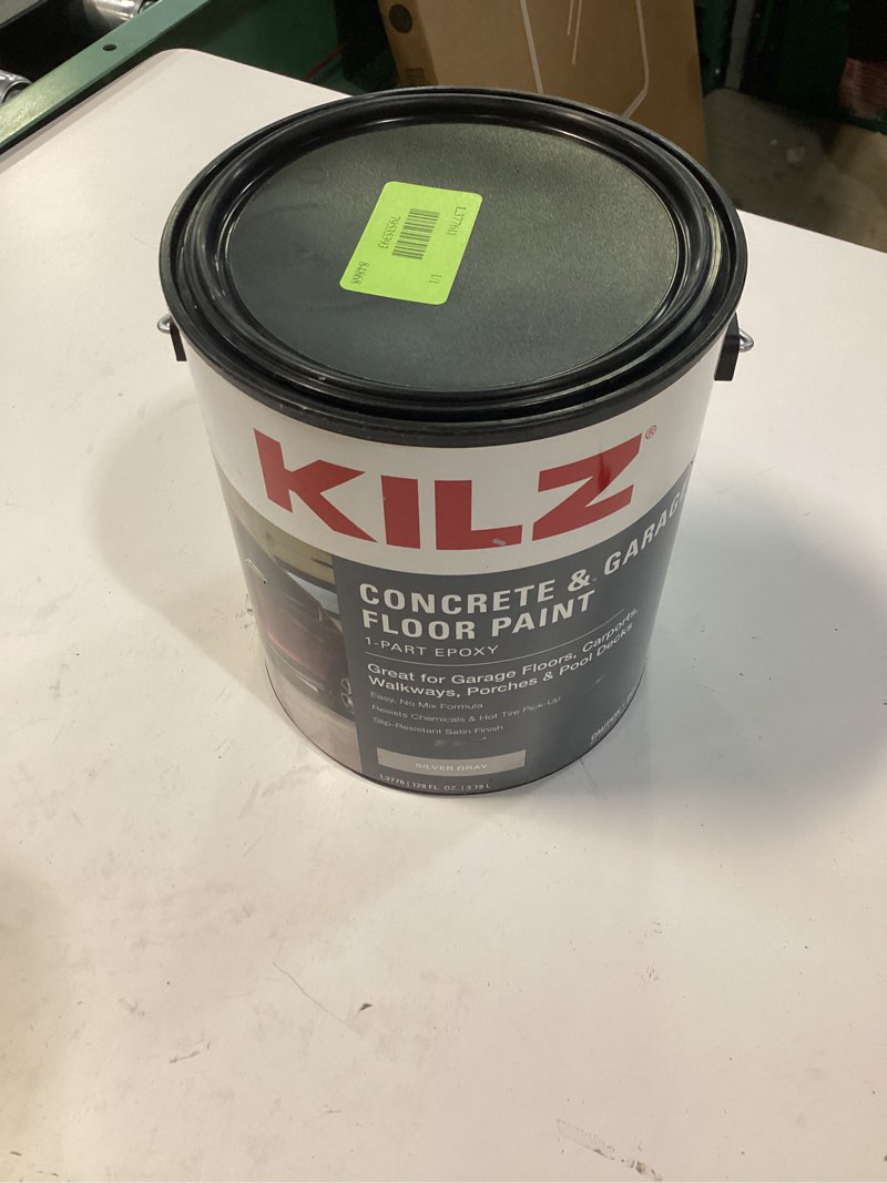 Condition photo showing New/Like New for kilz 1-part epoxy acrylic concrete & garage floor paint, silver gray, satin, interior/exterior concrete paint for basement floors, porches, driveways & pool decks, 1 gallon silver gray paint
