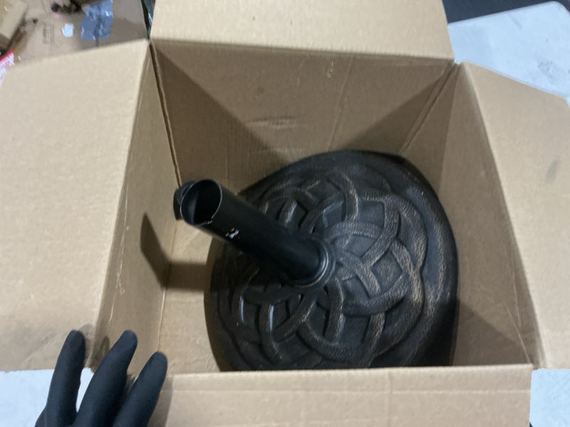Condition photo showing As Is for backyard expressions patio · home · garden 911554 21 pound umbrella base, bronze 21 pounds