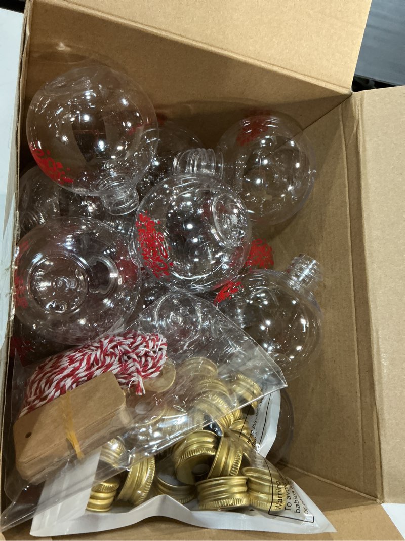 Condition photo showing Good Condition for baderke 30 pcs 6 oz plastic potion bottles for drinks christmas ornament drink balls with straw and tags plastic refillable cocktail decorate ball(gold,merry christmas) gold merry christmas