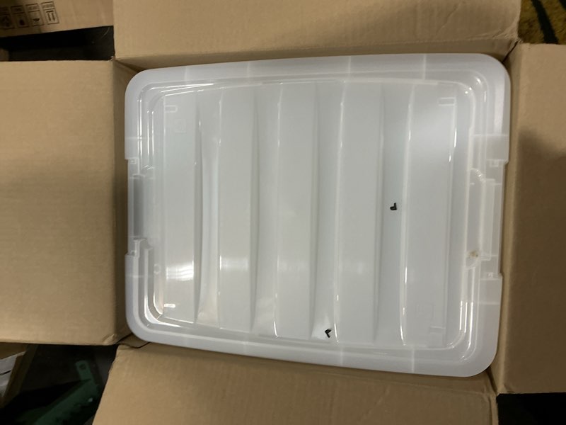 Condition photo showing As Is for IRIS USA 40 QT Plastic Storage Box with Lid and Latches - 6 Pack - BPA-Free, See-Through Organizing Solution, Durable Nestable Stackable Containers, Secure Pull Handle - Clear Clear 40 Qt 6 Pack