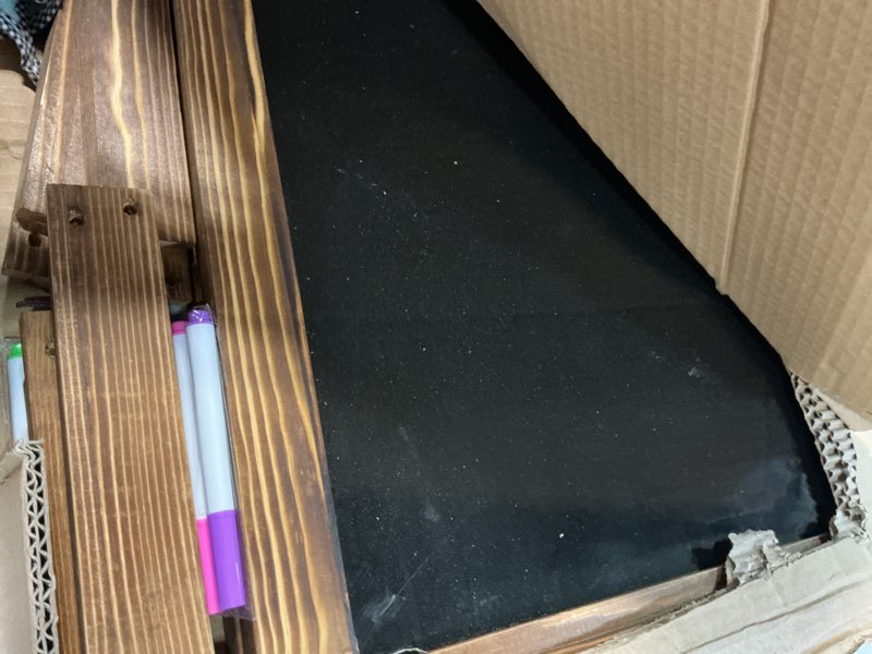 Condition photo showing As Is for a frame chalkboard sign, 40"x20" extra large sidewalk chalk board, wooden standing chalkboards set with markers, double-sided magnetic blackboard for cafés, weddings, party guide, brown torched brown