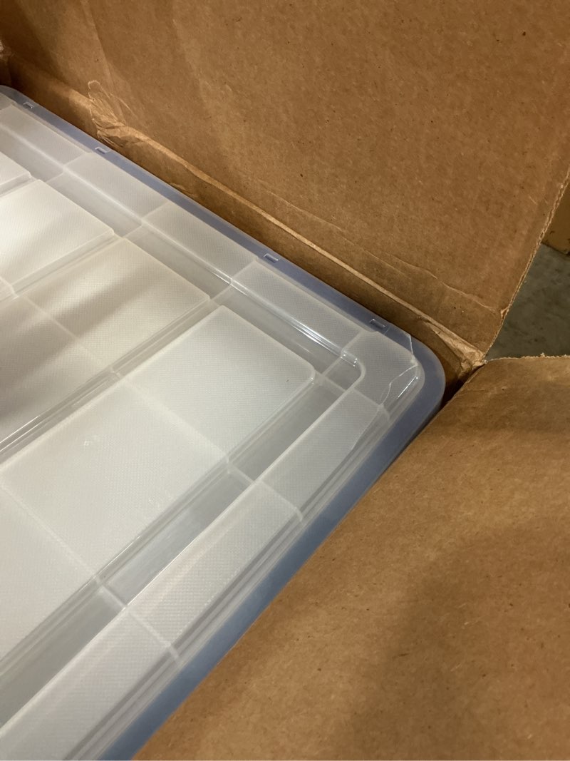 Condition photo showing Good Condition for iris usa weatherpro 44 qt storage bins with lids, 2 pack, bpa-free plastic gasket box with tight latch and seal, stackable nestable tote tub - clear/blue 44 qt. - 2 pack