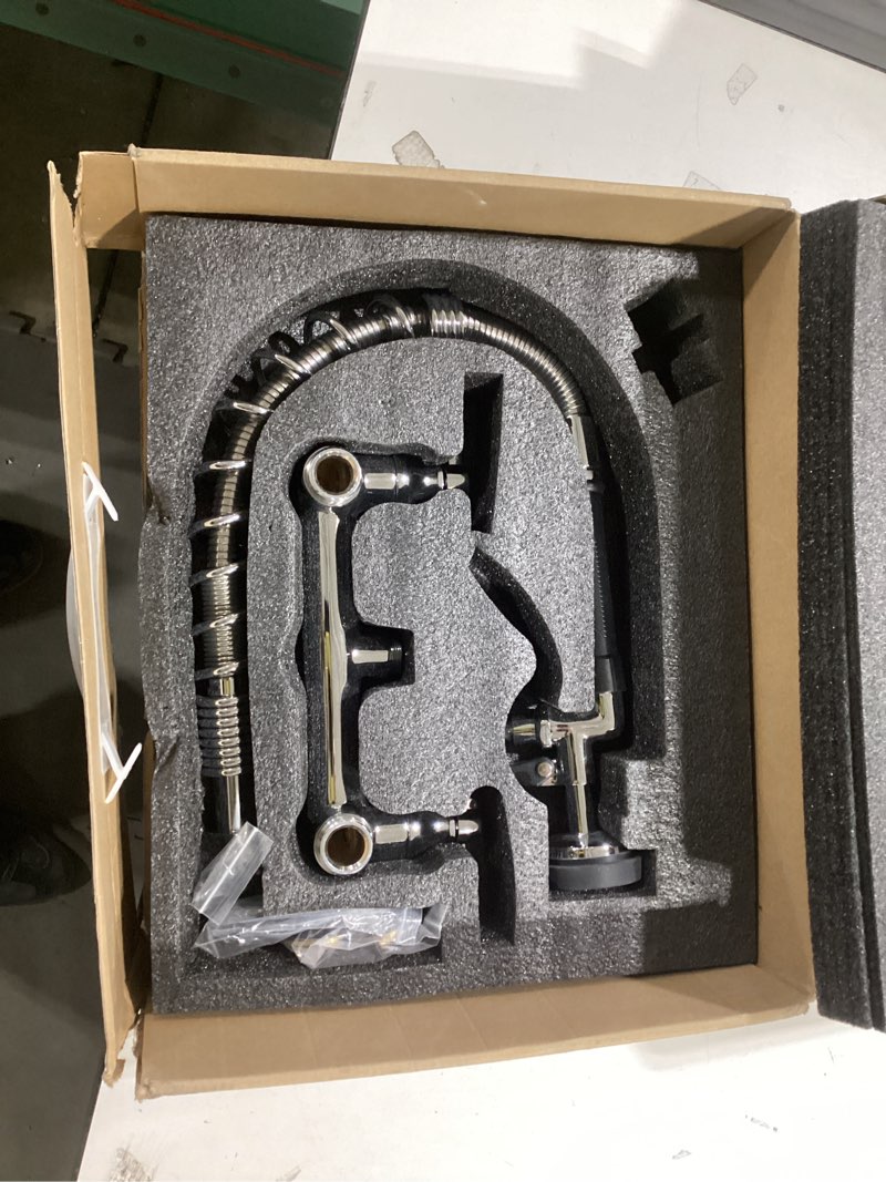 Condition photo showing Good Condition for Commercial Kitchen Faucet with Pre-Rinse Sprayer 8 Inch Center Wall Mount Kitchen Sink Faucet with Pull Down Spray - 25" Height Compartment Sink Faucets with 12 Inches Add-On Spout 25 Inches Height