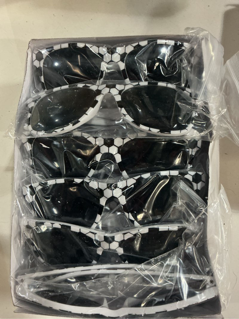 Condition photo showing New/Like New for 24 pcs soccer sunglasses wristbands for sports ball theme party favors set white black frame sunglasses sports white black soccer rubber bracelets for team gifts sport theme birthday gifts supplies