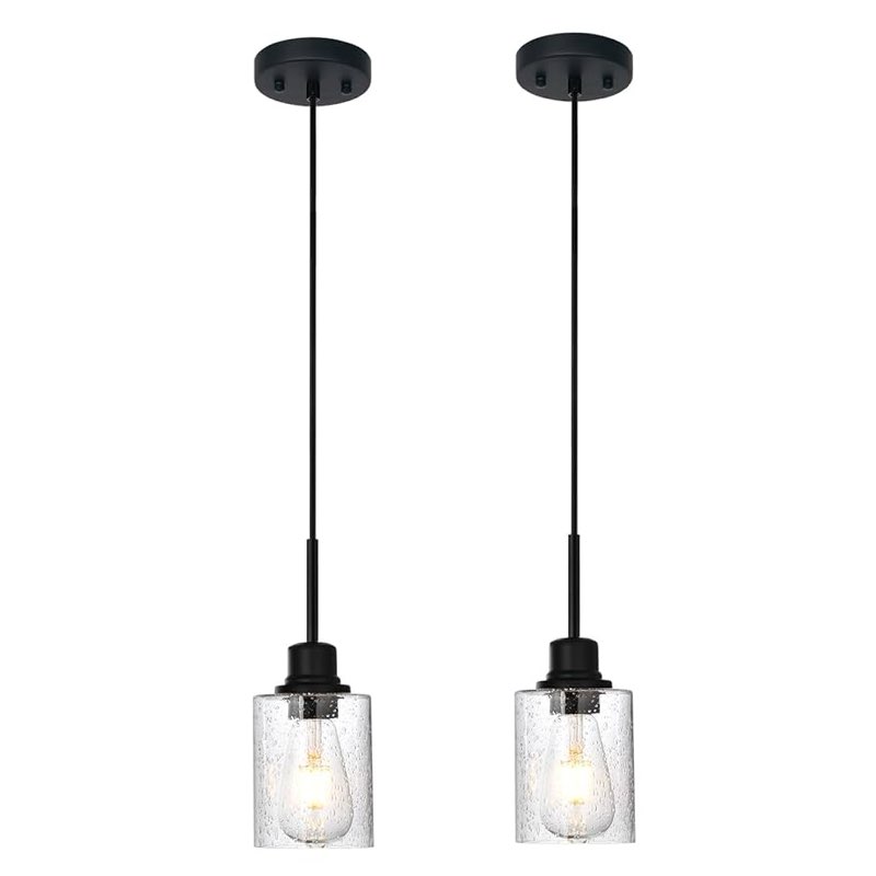 Modern Black Farmhouse Pendant Light With Seeded Glass Shade, Set Of Two Industrial Pendant Lighting, Adjustable Hanging Light Fixtures, Farmhouse Pendant Lighting