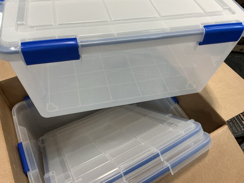 Condition photo showing Good Condition for iris usa weatherpro 60 qt storage bins with lids, 3 pack, bpa-free plastic gasket box with tight latch and seal, stackable nestable tote tub - clear/blue 60 qt. - 3 pack