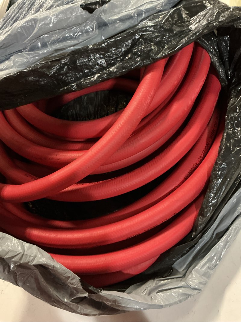 Condition photo showing As Is for guitrees 50ft 5/8 heavy duty rubber garden hose - 300psi working, 1000psi burst - hot/cold water - five-layered braiding for durability - versatile for gardening, agriculture, construction(red) 5/8 50ft male to female red