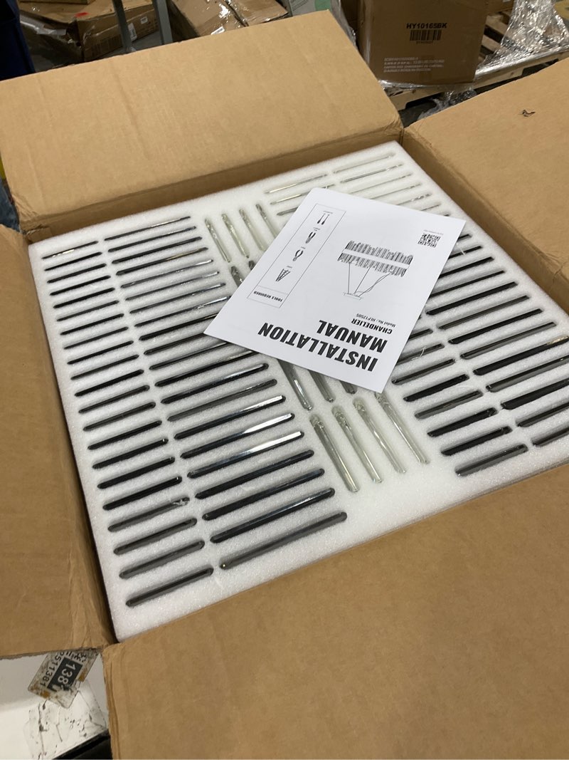 Condition photo showing Good Condition for Siljoy 19.7'' Modern Crystal Chandelier, 12-Light Brass Gold Round Raindrop Chandelier Lighting, Luxury Adjustable Hanging Pendant Light Fixture for Living Dining Room Kitchen Island Bedroom Foyer Round D19.7'' Gold (Clear & Grey Crystal)