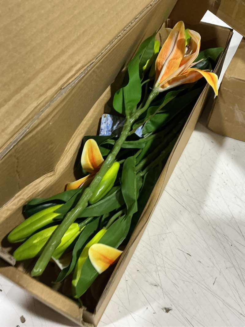 Condition photo showing Good Condition for kimura's cabin 6pcs tiger lilies artificial flowers real touch lily with stems fake flower faux lilies bouquet for wedding floral arrangements easter home table centerpiece office decor(orange) orange yellow