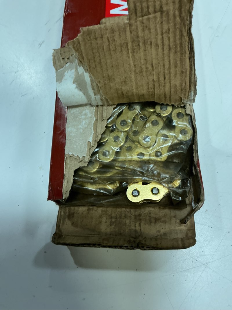 Condition photo showing As Is for 525 x-ring motorcycle chain 122 links with connecting master link, gold drive chain for suzuki honda kawasaki bicycles motorcycle, mini bike, dirt bike 122 links 525 x-ring chain