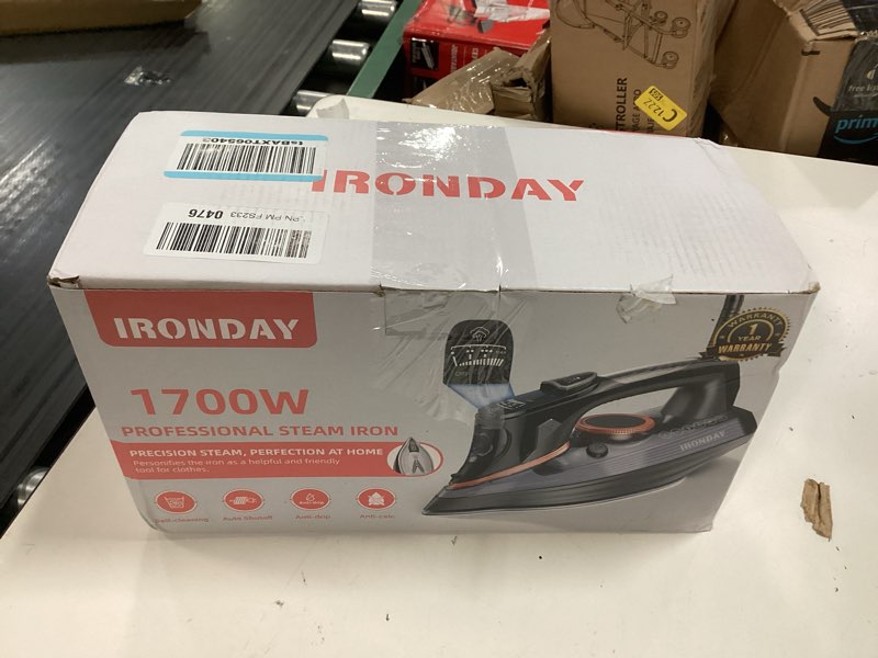 Condition photo showing New/Like New for steam iron for clothes with lcd screen, 1700w iron non-stick ceramic soleplate, auto shutoff, self-cleaning, anti-drip, steam burst, spray mist 10.14oz water tank ironing clothes for home,grey
