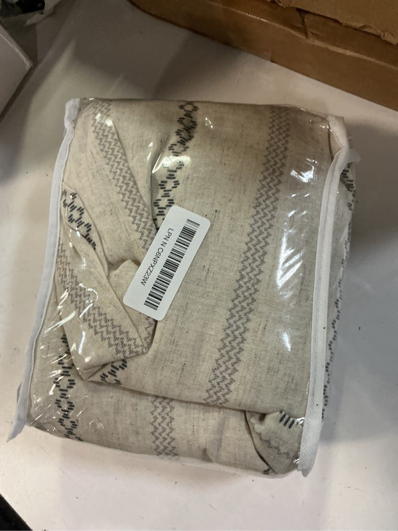 Condition photo showing New/Like New for grey boho shower curtain for bathroom,beige linen with striped print and twine-inspired woven center,72" w x 72" l grey 72" wx72“ l