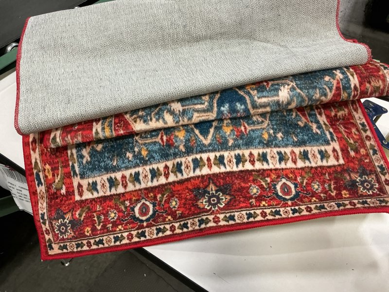 Condition photo showing As Is for YJ.GWL 2x6 Rug Runners for Hallways, Non Slip Kitchen Washable Long Runner Rugs, Soft Floral Vintage Carpet Runner for Livingroom Bedroom Bathroom Entryway, Red