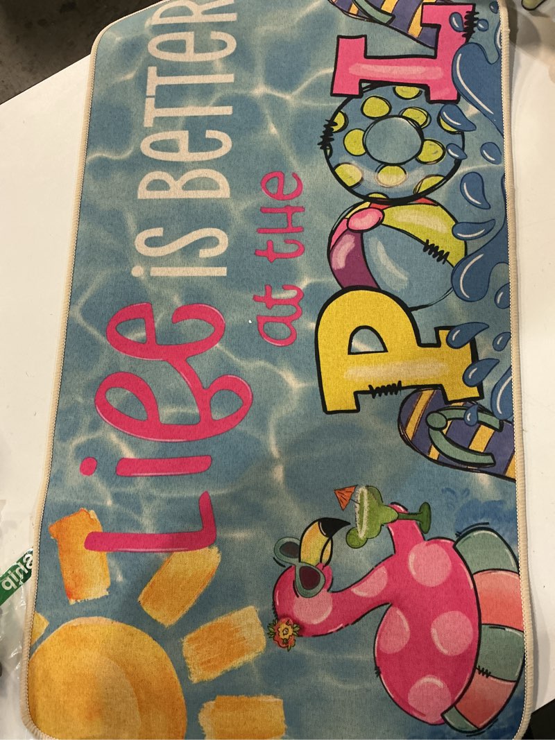 Condition photo showing As Is for baccessor summer pool doormat 17x29 inch, poolside tropical flamingo non-slip low profile door mat non-slip rubber backing for floor entrance seasonal outside patio porch outside home decor summer pool 17 x 29 inch