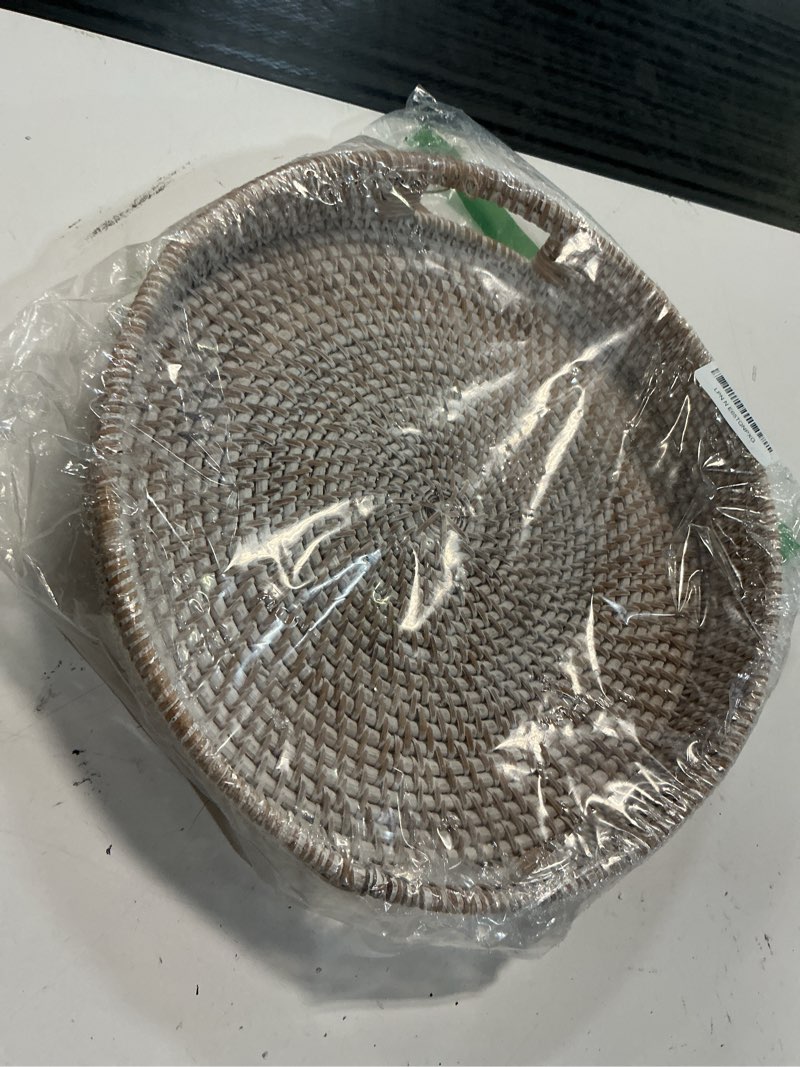 Condition photo showing New/Like New for coffee table tray round rattan ottoman tray woven serving trays with handles for home and kitchen decorative white (large 14 inch x 2.4 inch) 14" whitewash