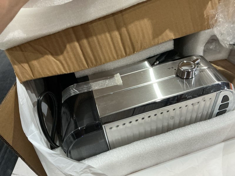 Condition photo showing As Is for atatix espresso machine with milk frother, 20 bar pressure espresso maker, with 44oz removable tank, compact stainless steel coffee machine for home, office, latte, cappuccino, macchiato, silver a-brushed silver