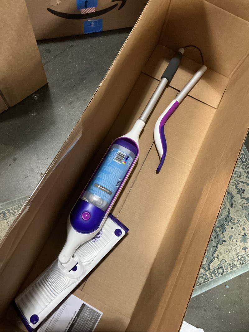 Condition photo showing As Is for Swiffer PowerMop Multi-Surface Mop Kit for Floor Cleaning, Includes PowerMop, 2 Mopping Pad Refills, 1 Cleaning Solution with Fresh Scent and 2 Batteries Purple and White