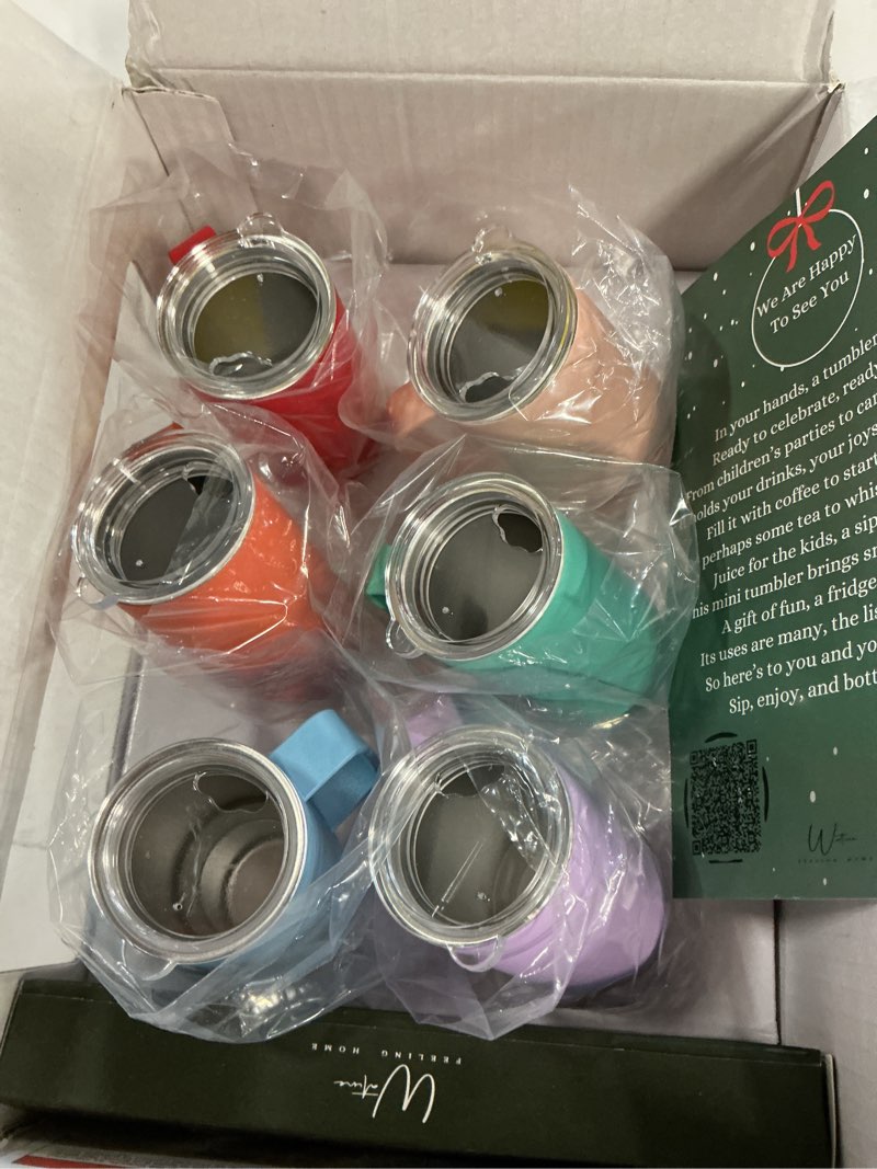 Condition photo showing New/Like New for Watine 2.5 oz Mini Tumbler Shot Glass Set with Handle - Stainless Steel, Double Insulated, Cute Shot Glasses, Funny Gifts, Beach Birthday Party Decorations, Mini Fridge Containers - 6 Pack Colored Multicolor