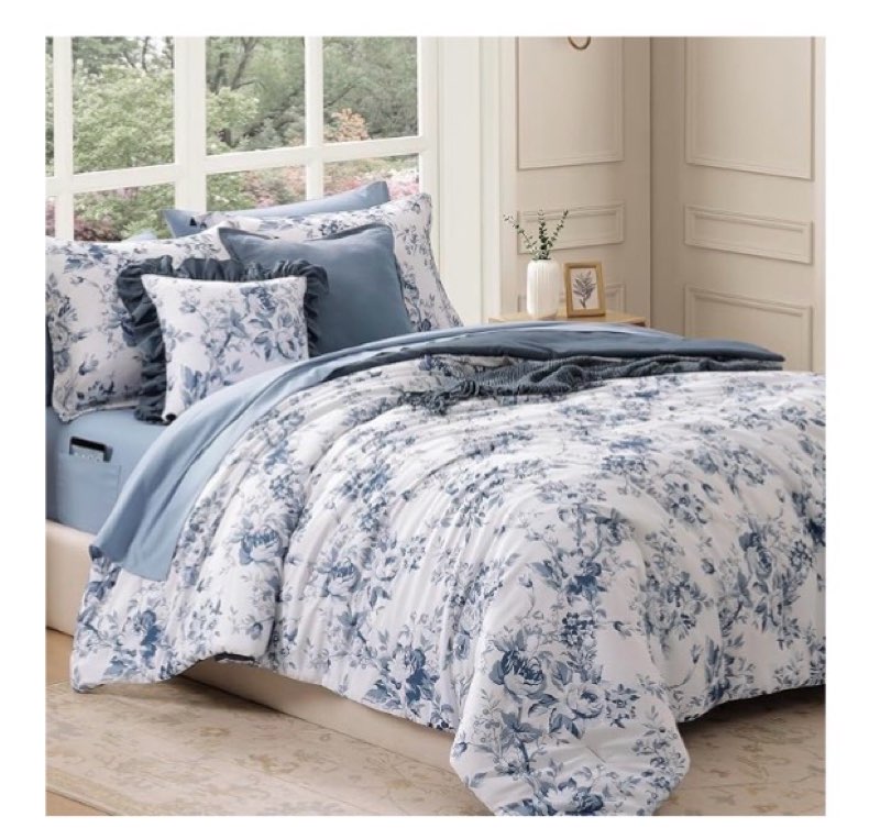 queen comforter set -7 pieces floral blue comforter set for all seasons, bed in a bag queen with botanical flowers comforter, sheets, pillowcases & shams