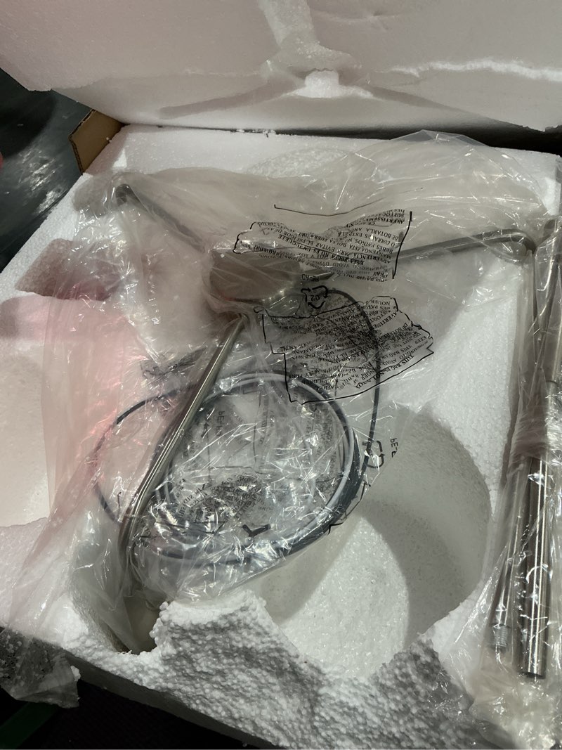 Condition photo showing As Is for incomplete. missing 2 bulbs. origin 21 soren 3-light brushed nickel transitional chandelier