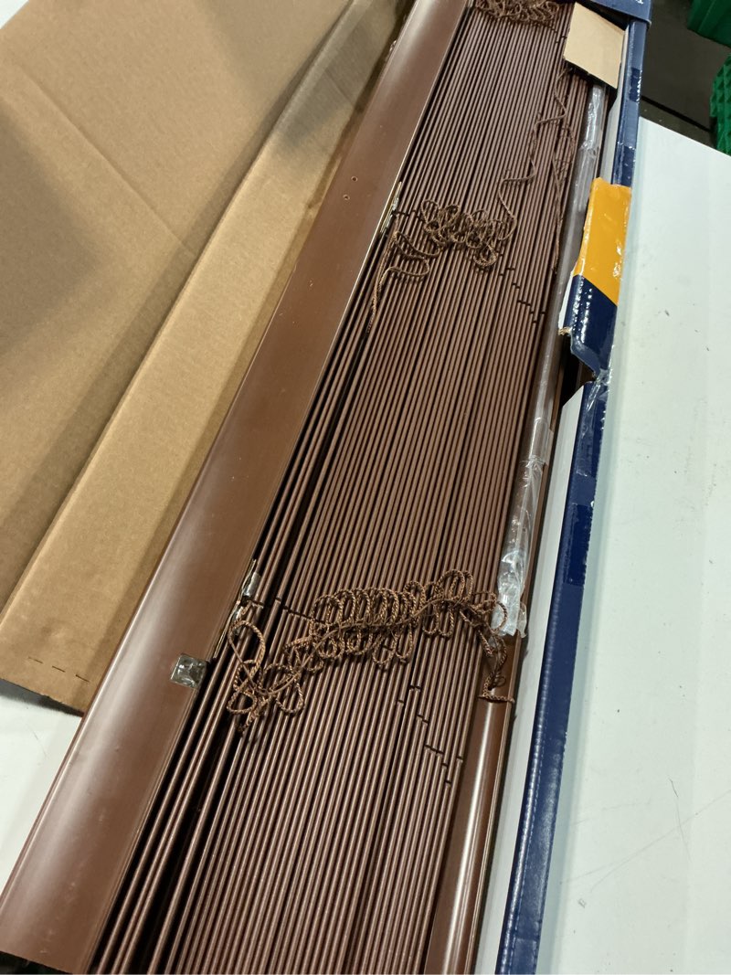 Condition photo showing As Is for levolor trim+go 2-in slat width 35-in x 64-in cordless walnut faux wood room darkening horizontal blinds