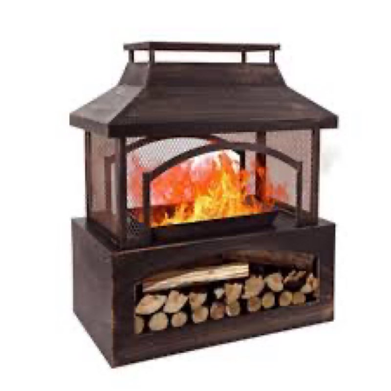 37 Inch Outdoor Wood Burning Fireplace with Wood Storage and Fire Poker, Large Metal Fire Pit for Patio Garden Deck Backyard, Rectangular Outdoor Fireplace