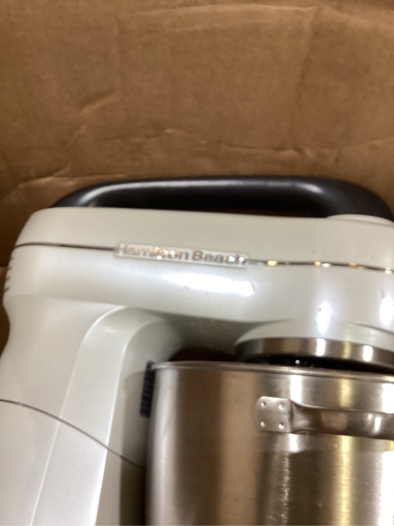 Condition photo showing As Is for Hamilton Beach Electric Stand Mixer, 4 Quarts, Dough Hook, Flat Beater Attachments, Splash Guard, 7 Speeds with Whisk, Easy-Carry Top Handle, White White 4 Quarts