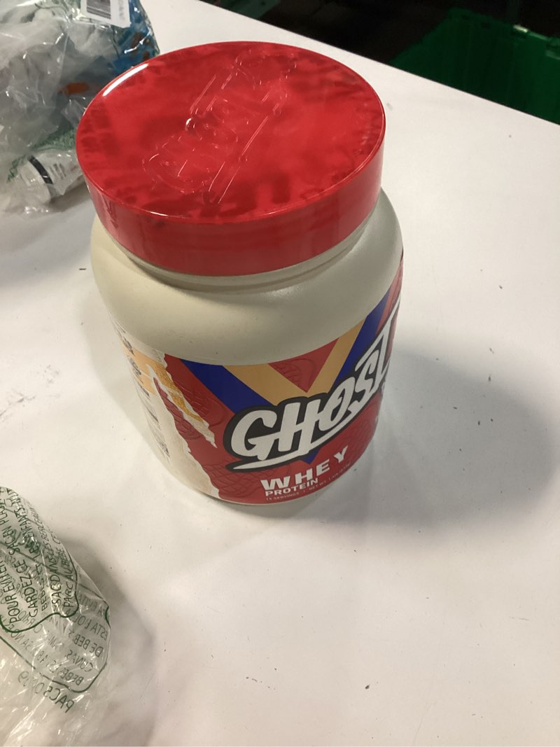 Condition photo showing New/Like New for ghost whey protein powder, nutter butter - 1lb tub, 26g of protein - flavored isolate, concentrate & hydrolyzed whey protein blend - post workout shakes nutter butter 1lb