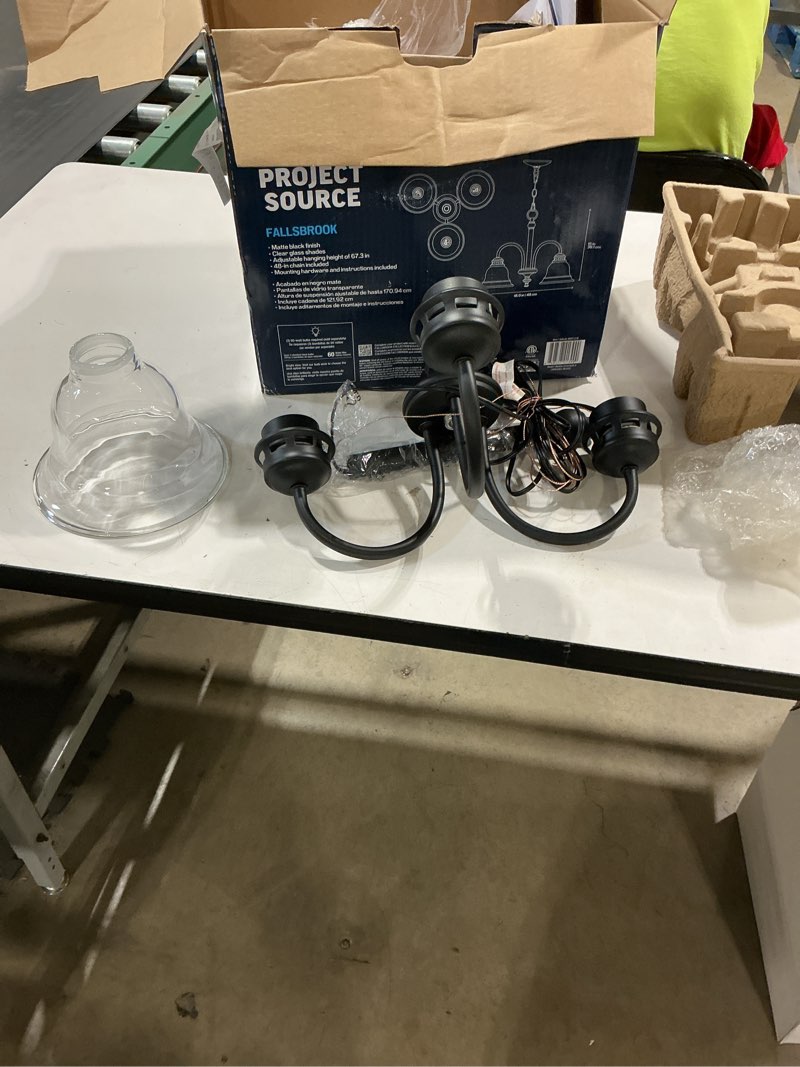 Condition photo showing Good Condition for project source fallsbrook 3 -light matte black traditional for use in bedrooms, dining rooms, foyers, kitchens, living rooms chandelier