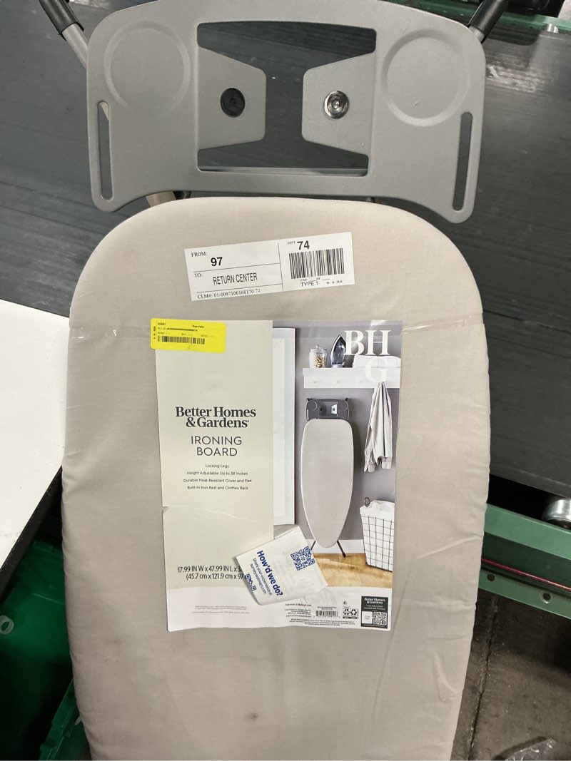 Condition photo showing As Is for better homes & gardens wide?top ironing board – 47" x 38", adjustable height, steel frame, built?in iron rest and clothes rack, non?slip feet, grey