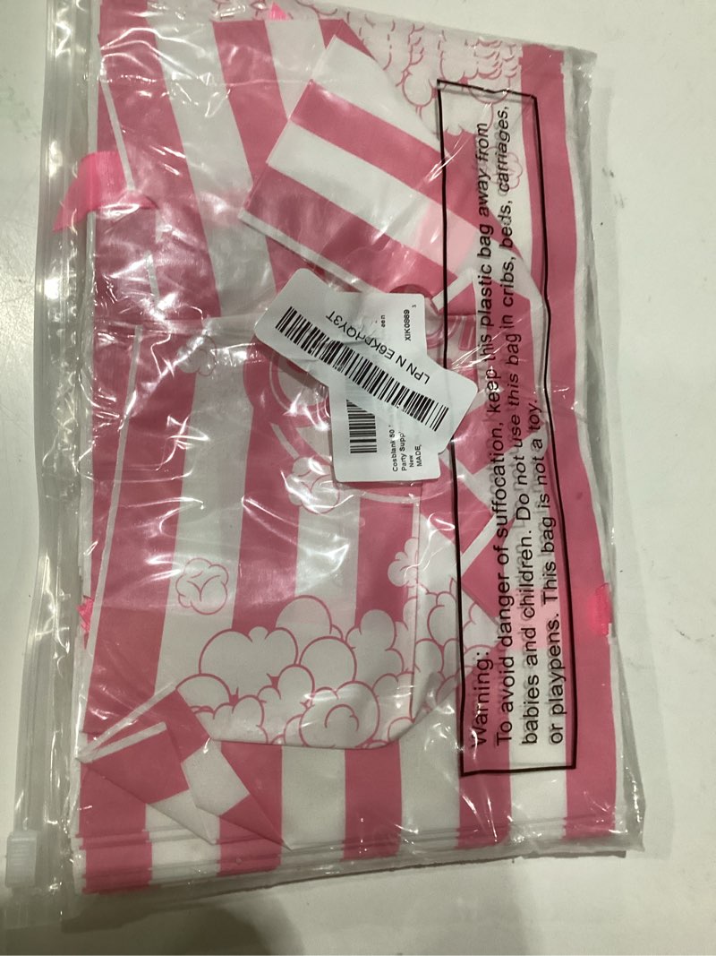 Condition photo showing As Is for 50 pcs popcorn plastic bags circus carnival party goodie bags bulk movie night popcorn container for carnival movie night theater halloween party supplies (pink) pink 50