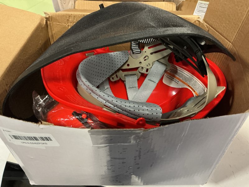 Condition photo showing Good Condition for chainsaw helmet with face and ear muffs, forestry safety helmet for mowing, trimming, yard work, landscaping, construction and weed whacking