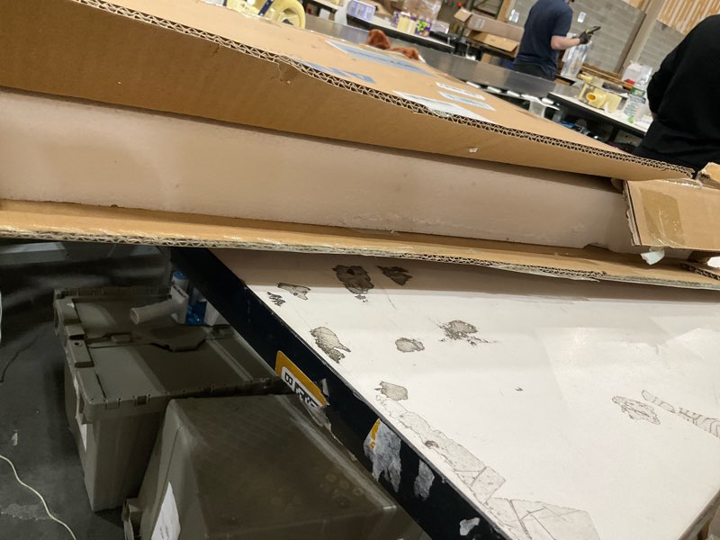 Condition photo showing New/Like New for andy star arched mirror, 22" x 35" gold bathroom mirror in stainless steel metal frame, arch top rounded corner 1" deep set design wall mount hangs vertical