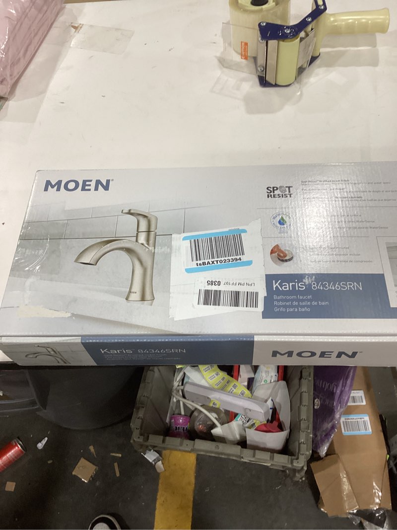 Condition photo showing As Is for Moen Karis Spot Resist Brushed Nickel One-Handle Single Hole Bathroom Sink Faucet with Optional Deck Plate, 84346SRN