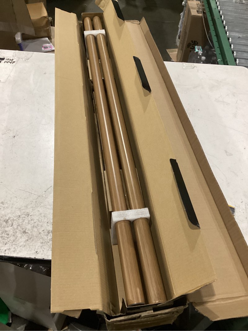 Condition photo showing New/Like New for 1-1/8 inch diameter faux wood curtain rod with wood grain finials, 72-144 inch telescoping single curtain rods for window width 68-140 inch, 1 pack 72-144'' chestnut color