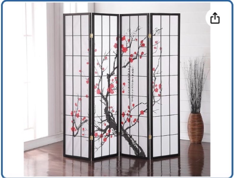 Roundhill Furniture Japanese Plum Blossom 4-Panel Room Divider,Black