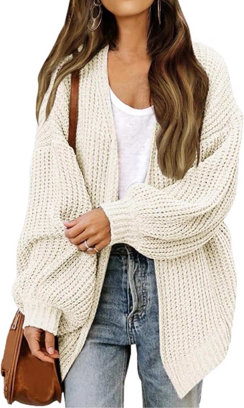 women's cardigan, lightweight, open-front, long-sleeved lantern-style chunky sweater, outdoor coat