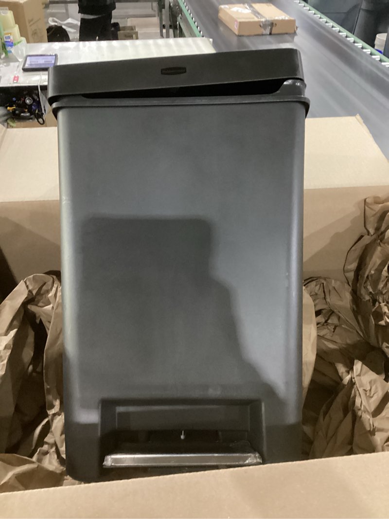 Condition photo showing New/Like New for Rubbermaid Step-On Kitchen Trash Can with Lid, 12.4 Gallon, Black, Plastic Garbage Container for Home/Kitchen/Apartment/Garage