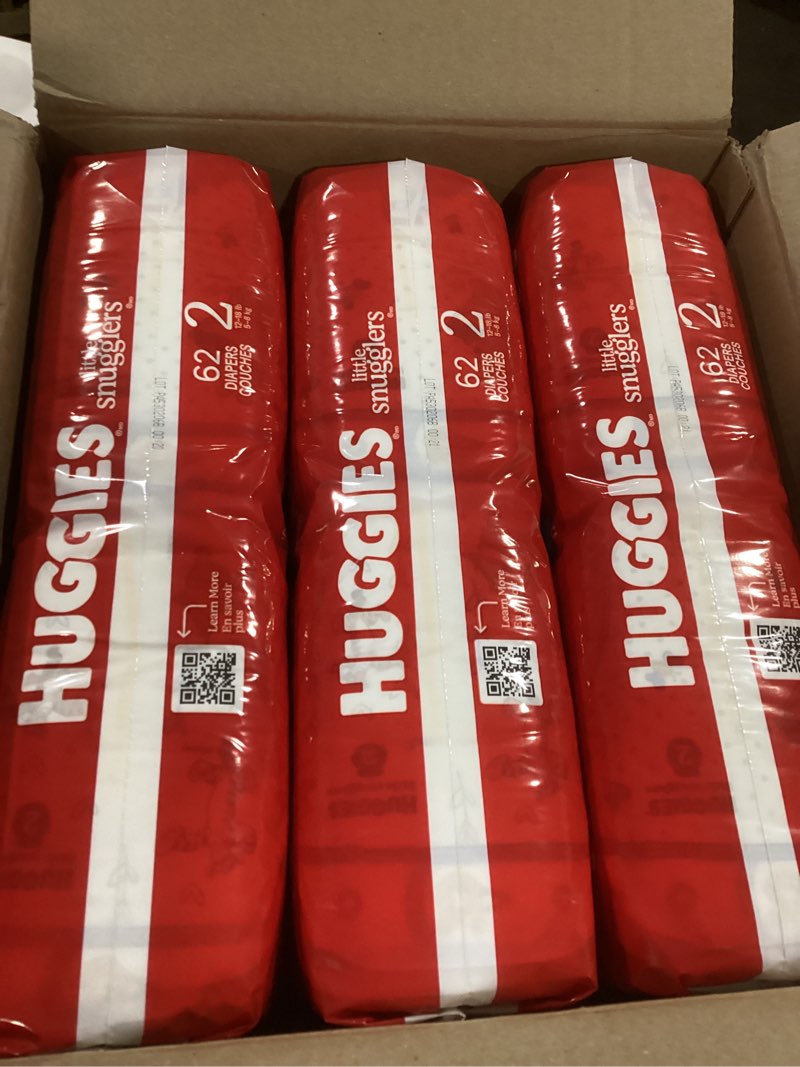 Condition photo showing New/Like New for Huggies Size 2 Diapers, Little Snugglers Baby Diapers, Size 2 (12-18 lbs), 186 Count (3 Packs of 62), Packaging May Vary