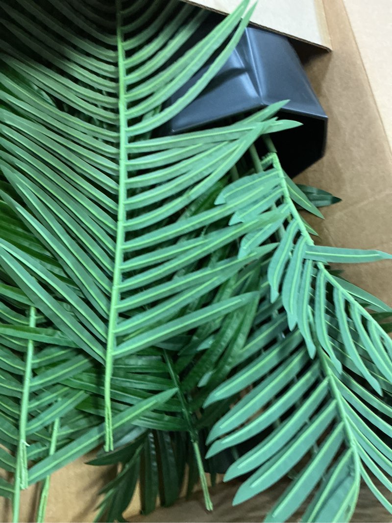 Condition photo showing Good Condition for artificial palm tree 5ft - faux plant with black diamond planter - tall fake tropical areca floor plant potted - artificial silk tree for home office living room decor indoor